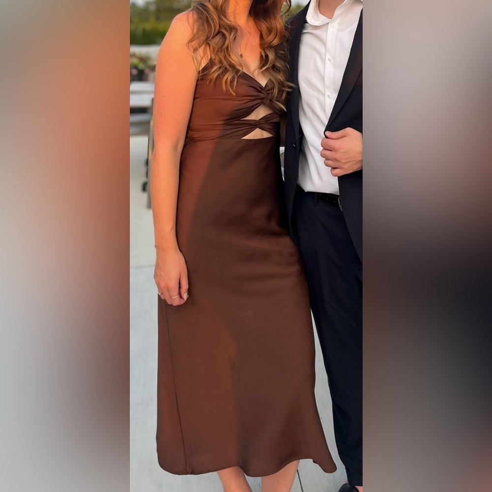 Park & Fifth Brown Satin Midi Dress with Front Cutouts